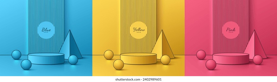 Set of 3D cylinder podium background with yellow, pink, blue color in cartoon comic manga style. Abstract minimal mockup product display presentation, Stage showcase. Platforms vector geometric design