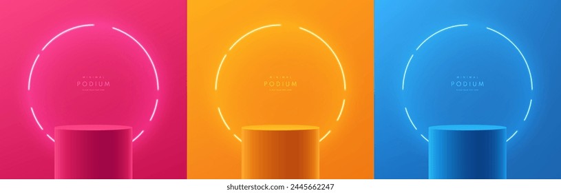 Set of 3D cylinder podium background in pink, orange, blue color with neon ring wall scene. Abstract minimal mockup or product display presentation, Stage showcase. Platforms vector geometric design.