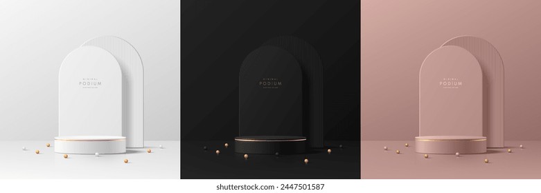 Set of 3D cylinder podium background in Black, silver and pink gold with luxury arch backdrop. Minimal scene, Mockup or abstract product display presentation, Stage showcase. Platforms vector design.
