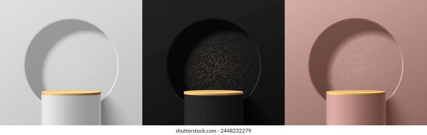 Set of 3D cylinder podium background with Shiny glitter dots in black, silver, pink gold color. Abstract luxury minimal wall scene mockup products display. Stage showcase. 3D Vector geometric form.