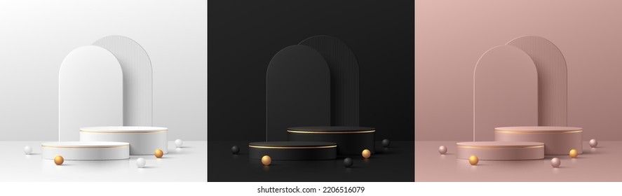 Set of 3D cylinder podium. Black, golden, silver and pink gold with luxury arch shape background. Abstract minimal wall scene for mockup products display. Round stage showcase. Vector geometric forms.