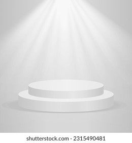 Set of 3D cylinder podium. White podium. Vector geometric forms. Abstract minimal wall scene for mockup products display. Round stage showcase.