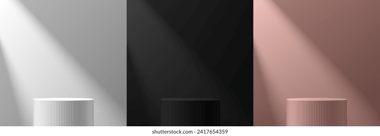 Set of 3D cylinder stand podium background in natural light. Luxury black, silver, pink gold wall scene. Minimal mockup product display presentation, Stage showcase. Platforms vector geometric design.