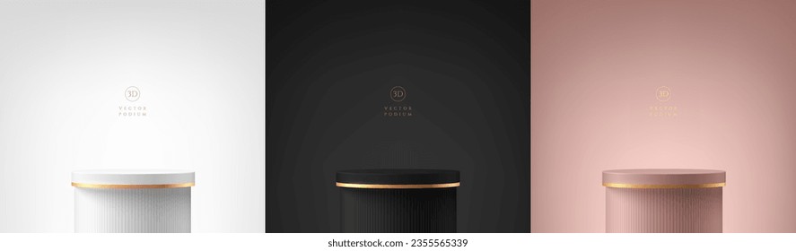 Set of 3D cylinder stand product podium in black, silver, pink gold and golden background. Luxury mockup display presentation. Minimal wall scene. Stage showcase. Platforms vector geometric design.