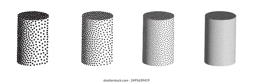 Conjunto de cilindros 3D en estilo dotwork de semitono. Ilustración vectorial