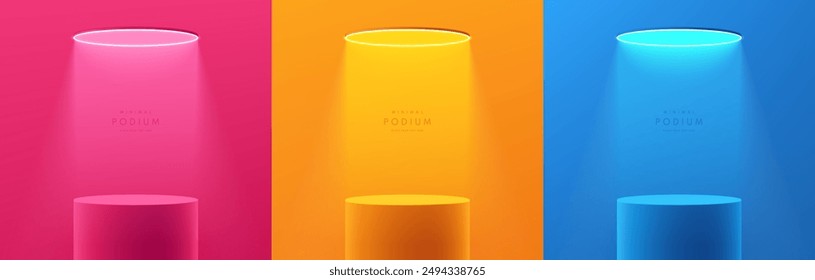 Set of 3D cylindrical podium background in green, blue and orange color with glowing ceiling neon light. Minimalist mockup pedestal, Abstract product display presentation. Vector platforms design.