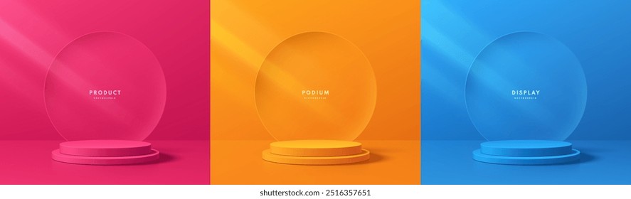 Set of 3D cylindrical podium background in pink, orange, blue color with circle backdrop scene. Abstract minimal mockup pedestal, Product display presentation, Stage showcase. Platforms vector design.