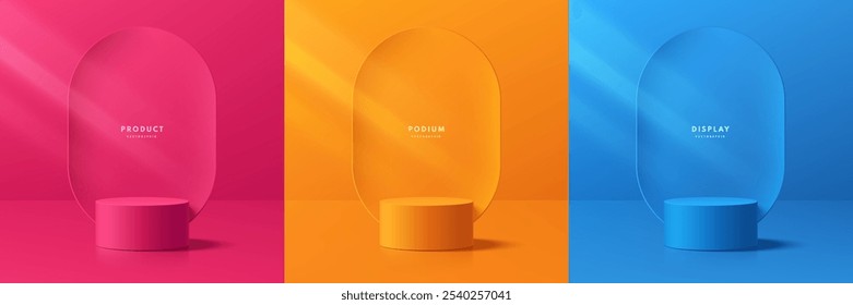 Conjunto de fundo de pódio cilíndrico 3D em cor rosa, laranja, azul com cena de fundo redonda. Abstrato pedestal de maquete mínimo, Apresentação da exposição do produto, vitrine do palco. Design vetorial de plataformas.