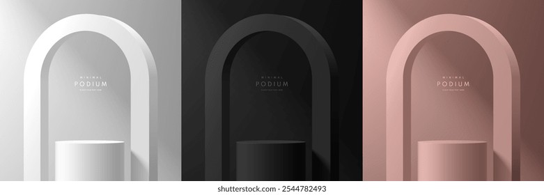 Set of 3D cylindrical podium background in black, silver, rose gold with arch frame backdrop. Abstract minimalist mockup pedestal, Product display presentation, Stage showcase. Platforms vector design