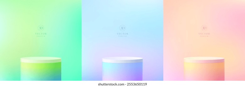 Set of 3D cylindrical podium background in gradient green, pink orange and blue scene. Minimalist mockup pedestal. Abstract product display presentation, Stage for showcase. Vector platforms design.