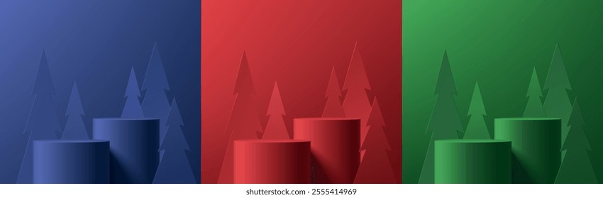 Set of 3D cylindrical podium background in red, green, blue color. Christmas wall scene. Minimalist mockup pedestal. Abstract product display presentation, Stage for showcase. Platforms vector design.
