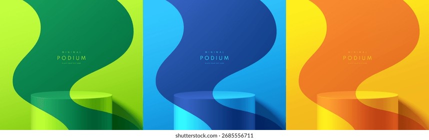 Set of 3D cylindrical podium in green, orange, blue color background with fluid wavy pattern wall scene. Minimalist mockup pedestal. Abstract stands product display presentation. Stages for showcase.