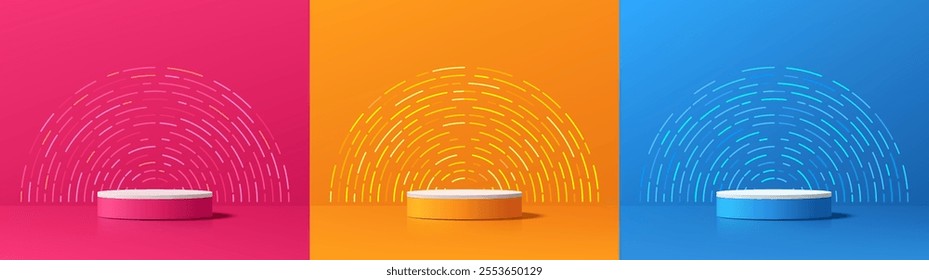 Set of 3D cylindrical podium in orange, pink and blue with circle lines background. Minimalist mockup pedestal. Abstract stand product display presentation. Stage for showcase. Vector platforms design