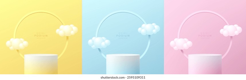 Set of 3D cylindrical podium in pink, yellow, blue background with ring and cloud floating. Minimalist mockup pedestal Abstract product display presentation, Stage showcase. Platforms vector design.