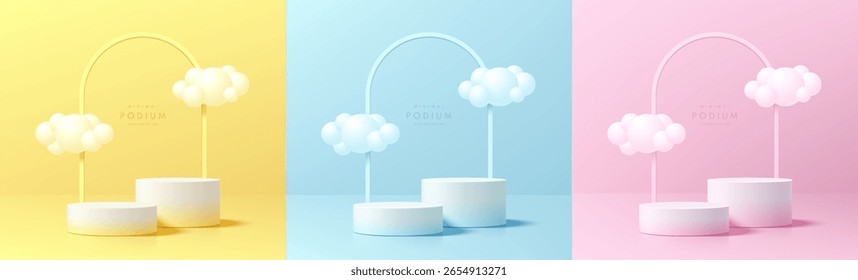 Set of 3D cylindrical podium in pink, yellow, blue background with arch frame, cloud floating. Minimalist mockup pedestal Abstract product display presentation, Stage showcase. Platforms vector design