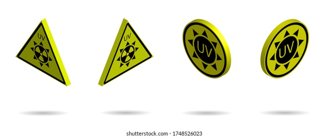 conjunto de señales de peligro 3d en un fondo amarillo, alta actividad solar. Aumento de la radiación ultravioleta. Protección contra las quemaduras solares. Vector aislado sobre fondo blanco