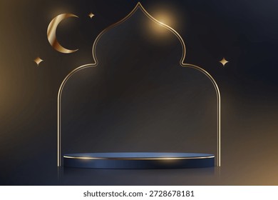 Set of 3D Dark Blue and Gold round podium background. Ramadan Kareem theme. Abstract composition minimalist design. Abstract wallpaper design with copy space to display your products. Vector illustrat