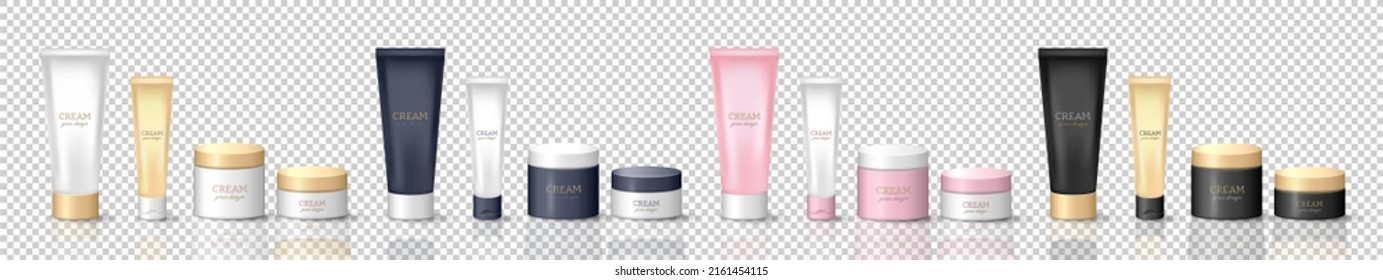 Set aus 3D dunkelblauen und weißen Sahnerohren und Gläsern. Vektorgrafik-Pflegepackungen, Kartons, Flaschen einzeln auf transparentem Hintergrund. Kosmetische Behälterauflösung