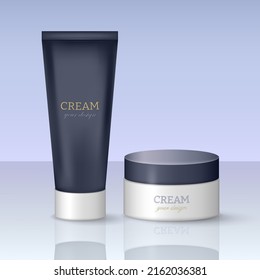 Set of 3d dark blue and white cream tube and jar. Cosmetic containers mockup. Vector skincare packages, boxes, bottles template for logo design. Skincare concept