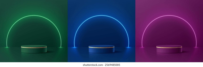 Set of 3D dark green, blue, purple cylindrical podium background with round glow neon light backdrop wall scene. Minimalist mockup pedestal, Abstract product display presentation, Stage for showcase.