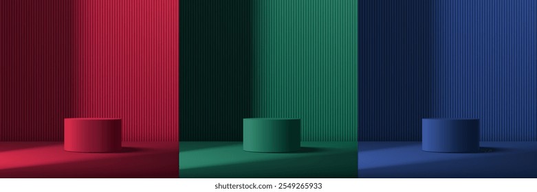 Set of 3D dark red, green, blue cylindrical podium with light and shadow background scene. Minimalist mockup pedestal, Abstract product display presentation, Stage showcase. Platforms vector design.