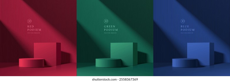 Set of 3D dark red, green and blue cylindrical podium background with cube backdrop. Studio wall scene. Minimalist 3D mockup pedestal. Abstract stand product display presentation. Stage for showcase.