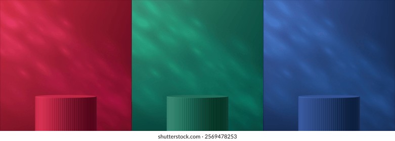 Set of 3D dark red, green, blue cylindrical podium with light and shadow background scene. Minimalist mockup pedestal, Abstract product display presentation, Stage showcase. Platforms vector design.