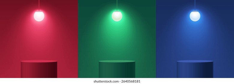 Set of 3D dark red, green, blue cylindrical podium background with glowing neon light bulb. Minimalist mockup pedestal, Abstract product display presentation, Stage showcase. Platforms vector design.