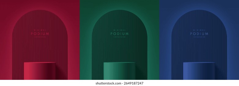 Conjunto de fondo de podio cilíndrico 3D rojo oscuro, verde y azul con fondo de arco. Escena de la pared de la habitación del estudio 3D. Pedestal minimalista de la maqueta, presentación Abstractas del producto de la exhibición del soporte, escenario para el escaparate