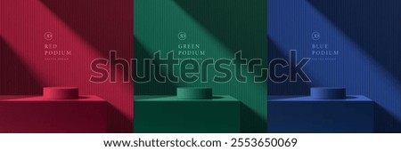 Set of 3D dark red, green and blue cylindrical podium with light and shadow background. Minimalist mockup pedestal. Abstract product display presentation. Stage for showcase. Vector Platforms design.