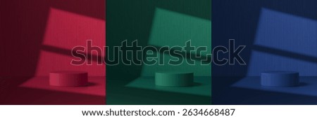 Set of 3D dark red, green and blue cylindrical podium background with window lighting. Studio wall scene. Minimalist 3D mockup pedestal. Abstract stand product display presentation. Stage for showcase