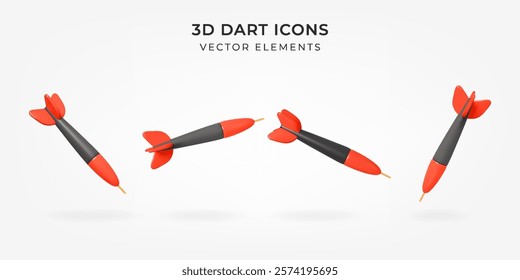 Set Of 3D Darts in different positions. Realistic Game Darts Arrows Icon Collection. 