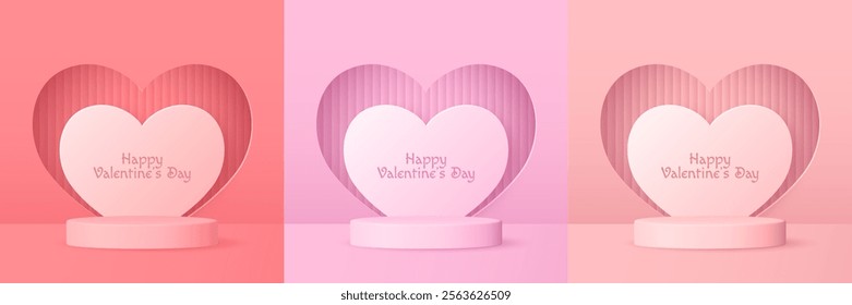 Set of 3D Valentine’s Day backgrounds with podiums, heart shaped frames, and pastel tones. Perfect for product displays and showcases.