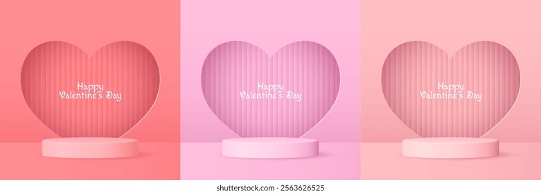 Set of 3D Valentine’s Day backgrounds with podiums, heart shaped frames, and pastel tones. Perfect for product displays and showcases.