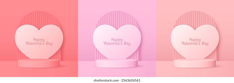 Set of 3D Valentine’s Day backgrounds with podiums, heart shaped frames, and pastel tones. Perfect for product displays and showcases.