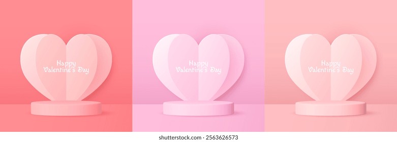 Set of 3D Valentine’s Day backgrounds with podiums, heart shaped frames, and pastel tones. Perfect for product displays and showcases.