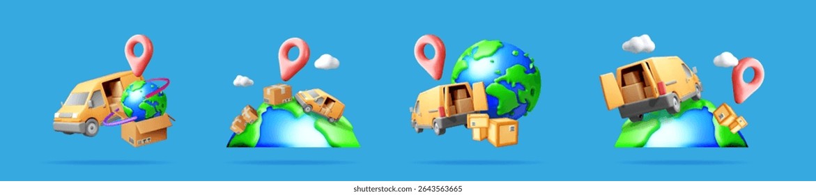 Conjunto de conceitos de distribuição 3D para entrega e transporte. Serviço logístico global com terra, van, caixa e pino. Para o site da empresa de entrega.