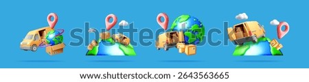 Set of 3D delivery concepts for shipment and transportation. Global logistic service with earth, van, box, and pin. For delivery company website.