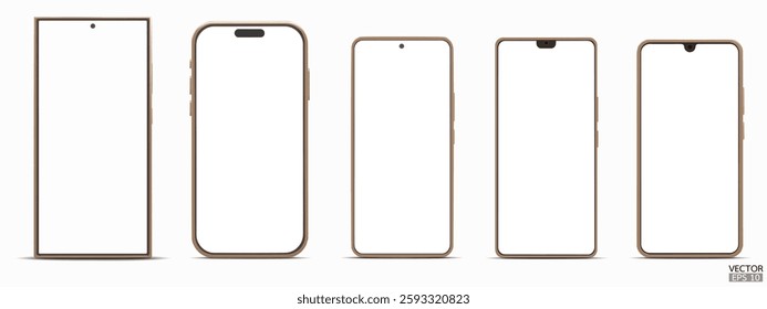 Set of 3D Desert Titanium smartphone mockup with white screen. Mobile phone isolated on white background. 3d vector illustration