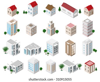 Set of 3d detailed isometric city buildings: private houses, skyscrapers, real estate, public buildings, hotels. Building icons collection 