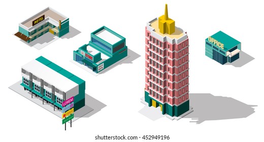 Set of 3d detailed isometric city buildings:office,tower,motel,store, skyscrapers, real estate, public buildings, hotels. Building icons collection