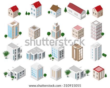 Set of 3d detailed isometric city buildings: private houses, skyscrapers, real estate, public buildings, hotels. Building icons collection 