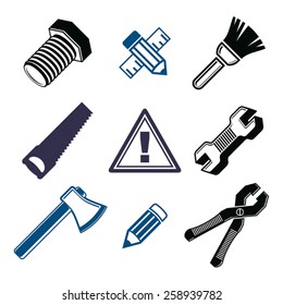 Set of 3d detailed tools, repair theme stylized graphic elements isolated on white. Collection of classic work tools, industry icons.