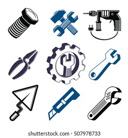 Set of 3d detailed tools, repair theme stylized graphic elements isolated on white. Collection of classic work tools, vector industry icons.