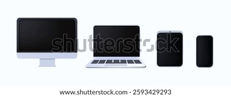 Set of 3D Device icon collection. Desktop computer, laptop, tablet and smarphone. 3D device symbol. Vector Illustration