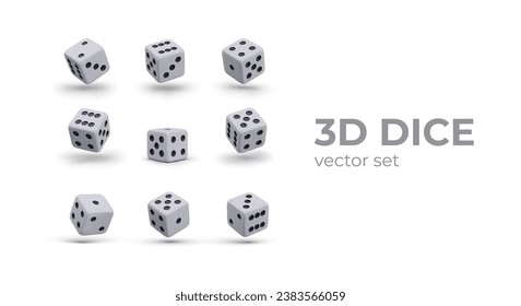 Juego de dados 3D en diferentes posiciones. Imágenes realistas para el negocio de los juegos. Ilustraciones para juegos en línea. Todos los números de juego de 1 a 6. As, deuce, trece, cater, cinque, sice