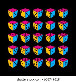 Set of 3d dices. All possible variations.