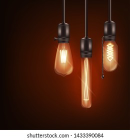 Set of 3d different shaped glowing light bulbs hanging on wires realistic style, vector illustration isolated on dark background. Retro incandescent Edison lamps design for loft or vintage interior
