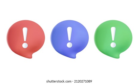 Set von 3D-Symbolen mit Info- und Warnzeichen in verschiedenen Farben. Set aus 3D-Sprechblase. Chatting Box, Message Box. 3D-Web-Vektorgrafiken. Chat-Icon-Set. Ballon 3D-Stil