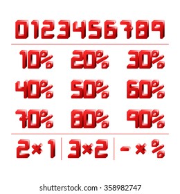 Set of 3D digital red numbers and signs for discounts and offers. Vector with all elements sorted and grouped in layers